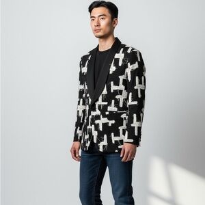 New Tom Rebl Designer Statement Blazer – Black & White Textured Fringe Pattern